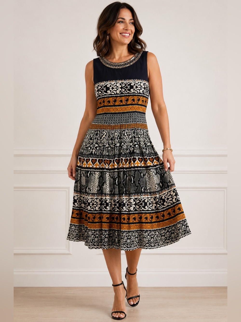 Sandra Darren Size 12 Midi Dress Beaded Neck Mixed Print Fit Flare Boho
